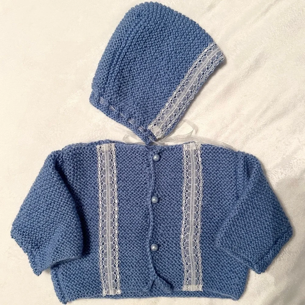 Vintage Handmade Crocheted Baby Girl Blue Cardigan Sweater & Bonnet Hat Set NB
